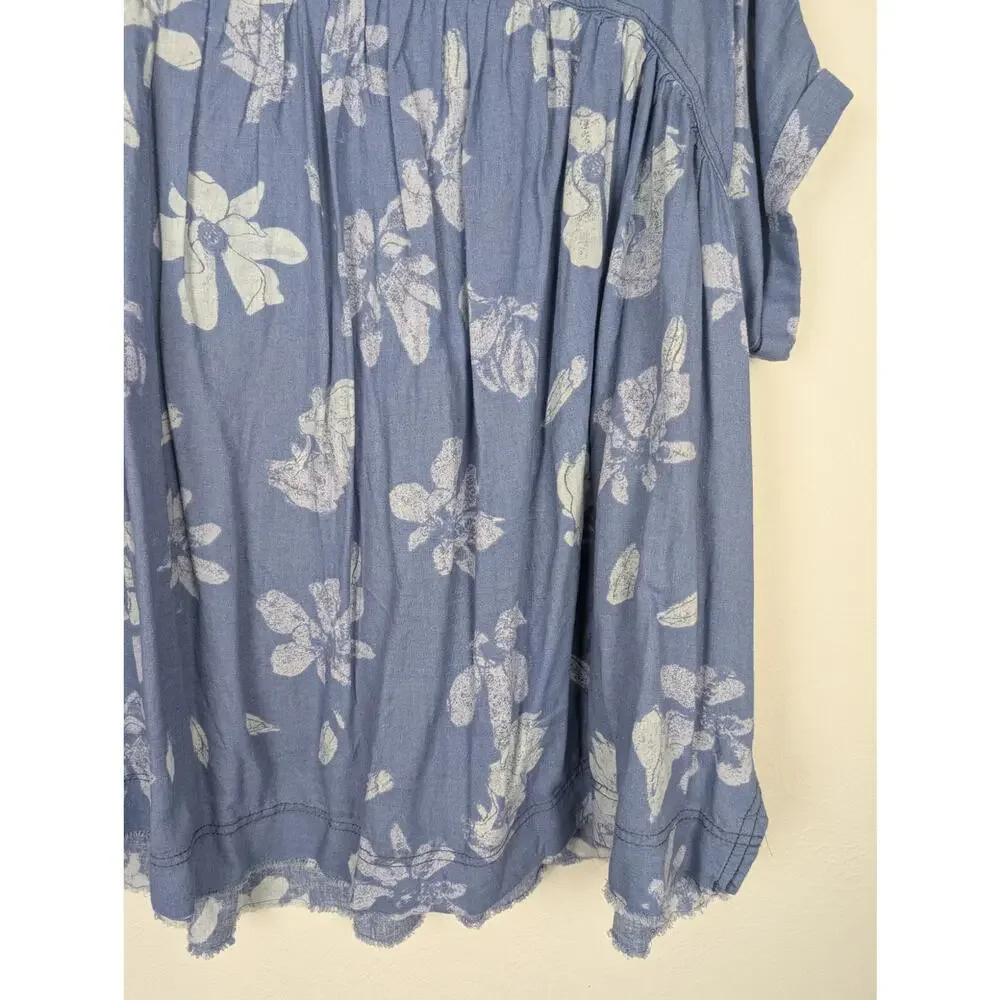 Free People Top Moon City Printed Tee Floral Boho Babydoll Linen Blue Size XS